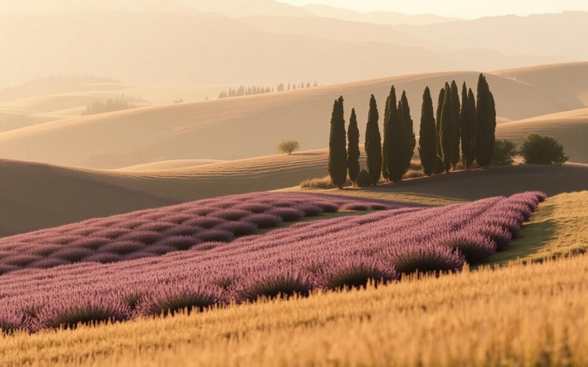 Rolling countryside with cypress trees and lavender fields at golden hour